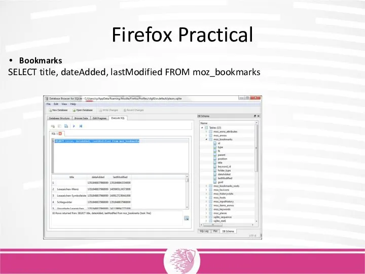 Firefox Practical Bookmarks SELECT title, dateAdded, lastModified FROM moz_bookmarks