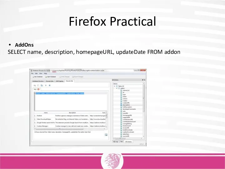 AddOns SELECT name, description, homepageURL, updateDate FROM addon Firefox Practical