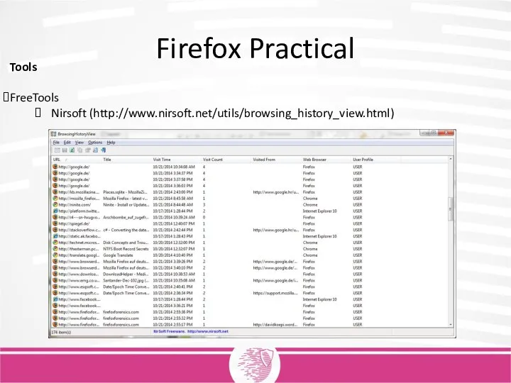 Firefox Practical Tools FreeTools Nirsoft (http://www.nirsoft.net/utils/browsing_history_view.html)