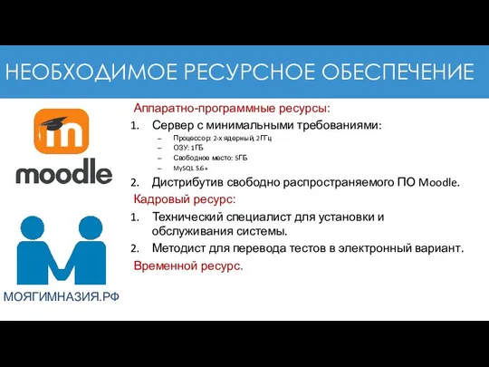 НЕОБХОДИМОЕ РЕСУРСНОЕ ОБЕСПЕЧЕНИЕ Аппаратно-программные ресурсы: Сервер с минимальными требованиями: Процессор: 2-х ядерный,