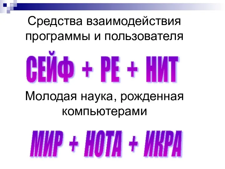 Молодая наука, рожденная компьютерами МИР + НОТА + ИКРА Средства взаимодействия программы