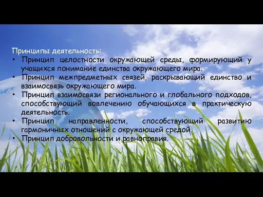 Принципы деятельность: Принцип целостности окружающей среды, формирующий у учащихся понимание единства окружающего