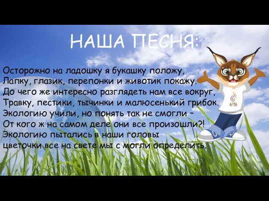 НАША ПЕСНЯ: Осторожно на ладошку я букашку положу, Лапку, глазик, перепонки и