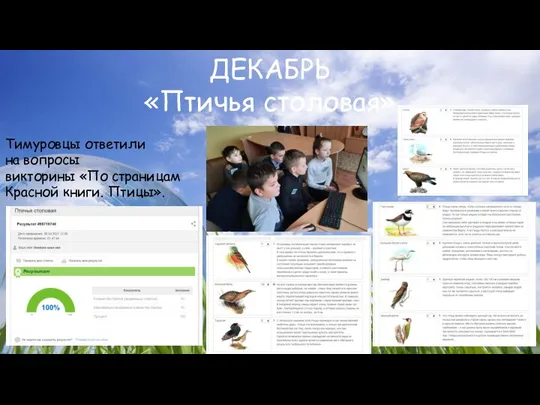 ДЕКАБРЬ «Птичья столовая» Тимуровцы ответили на вопросы викторины «По страницам Красной книги. Птицы».