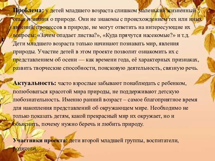 Проблема: у детей младшего возраста слишком маленький жизненный опыт и знания о