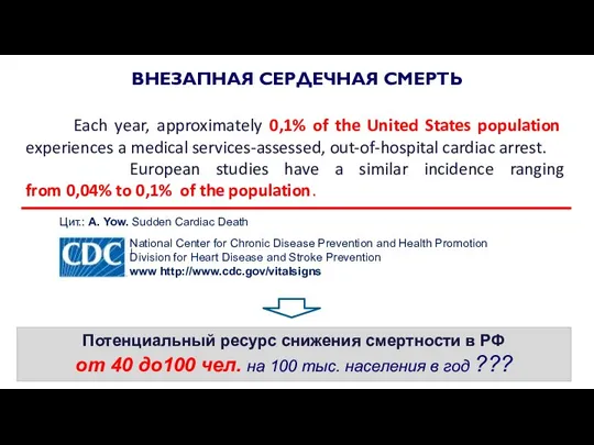 Цит.: A. Yow. Sudden Cardiac Death Each year, approximately 0,1% of the