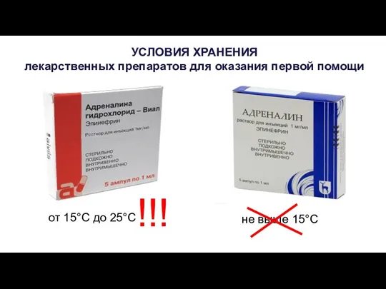 от 15°C до 25°C УСЛОВИЯ ХРАНЕНИЯ лекарственных препаратов для оказания первой помощи !!! не выше 15°C
