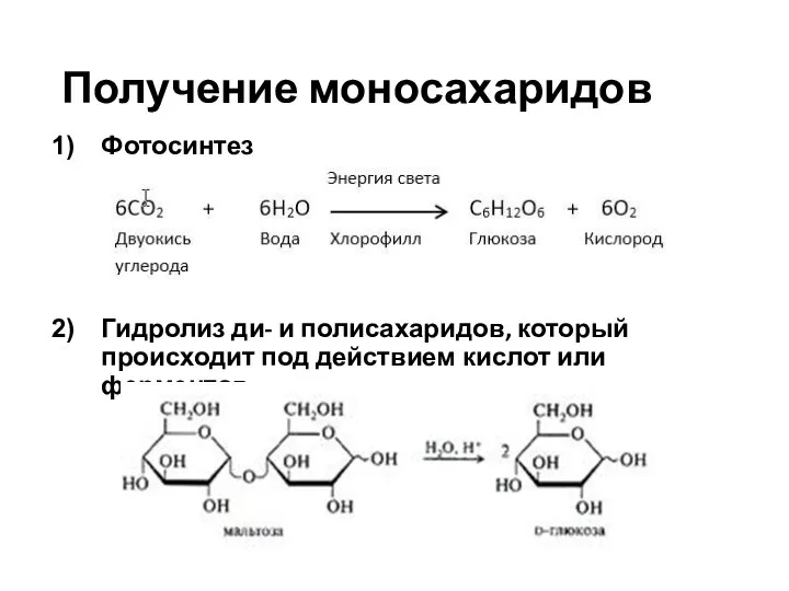 Получение моносахаридов Фотосинтез Гидролиз ди- и полисахаридов, который происходит под действием кислот или ферментов