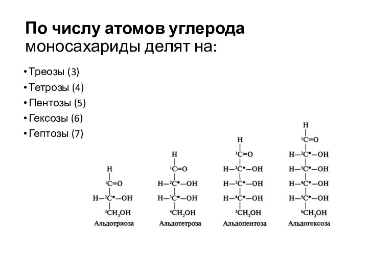 По числу атомов углерода моносахариды делят на: Треозы (3) Тетрозы (4) Пентозы
