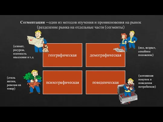 Сегментация –один из методов изучения и проникновения на рынок (разделение рынка на