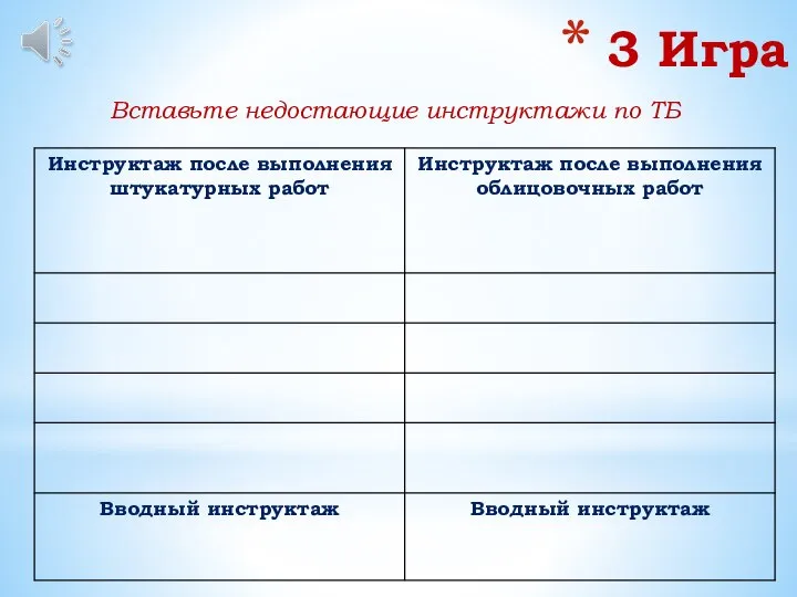 3 Игра Вставьте недостающие инструктажи по ТБ