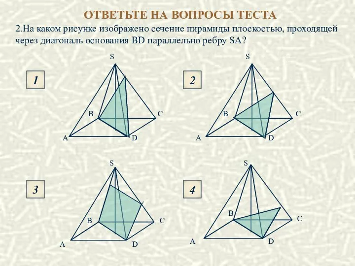 2.На каком рисунке изображено сечение пирамиды плоскостью, проходящей через диагональ основания BD