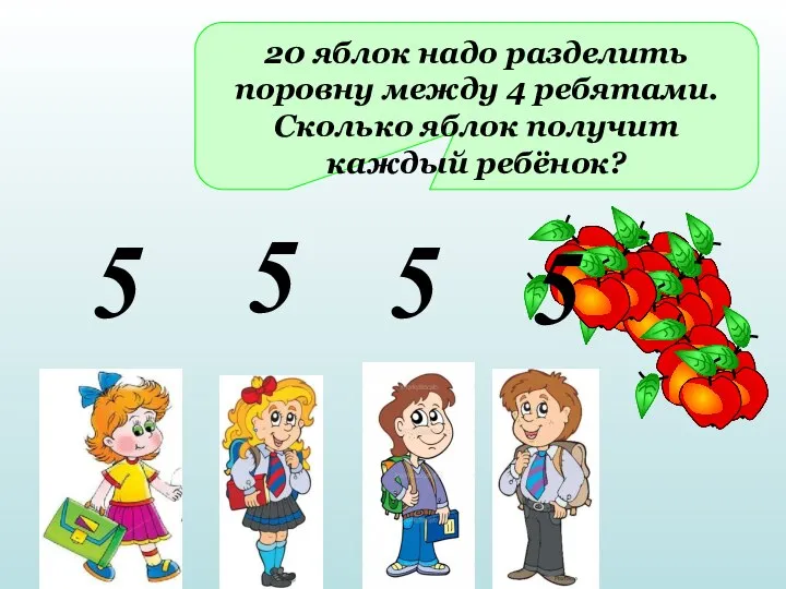 20 яблок надо разделить поровну между 4 ребятами. Сколько яблок получит каждый