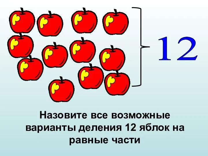 12 Назовите все возможные варианты деления 12 яблок на равные части