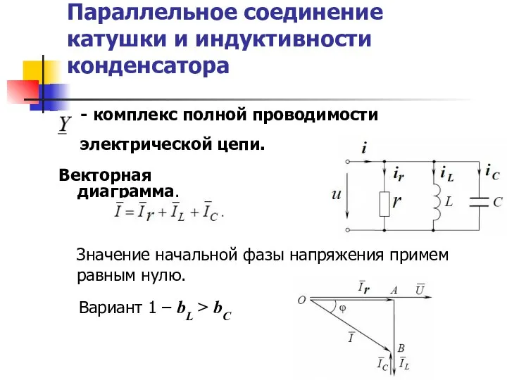 Параллельное соединение катушки и индуктивности конденсатора Векторная диаграмма. - комплекс полной проводимости