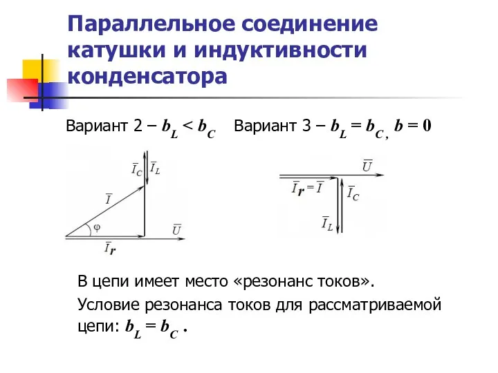 Параллельное соединение катушки и индуктивности конденсатора Вариант 2 – bL Вариант 3