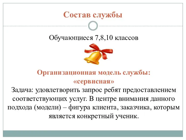 Состав службы Обучающиеся 7,8,10 классов Организационная модель службы: «сервисная» Задача: удовлетворить запрос