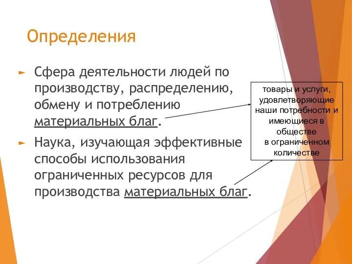 Определения Сфера деятельности людей по производству, распределению, обмену и потреблению материальных благ.