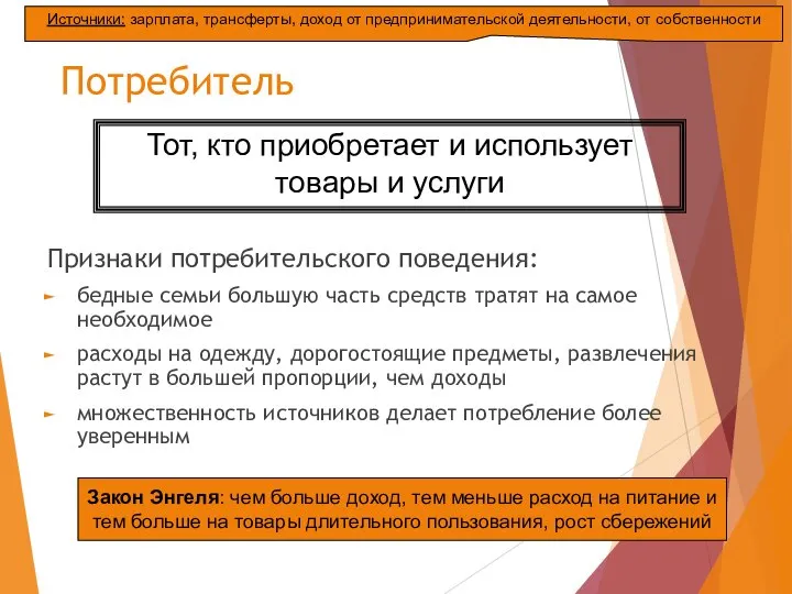 Потребитель Признаки потребительского поведения: бедные семьи большую часть средств тратят на самое