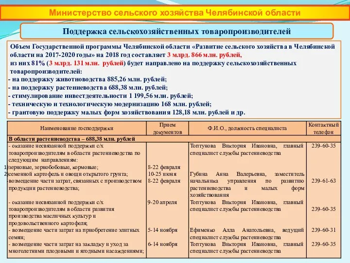 Поддержка сельскохозяйственных товаропроизводителей Министерство сельского хозяйства Челябинской области Объем Государственной программы Челябинской