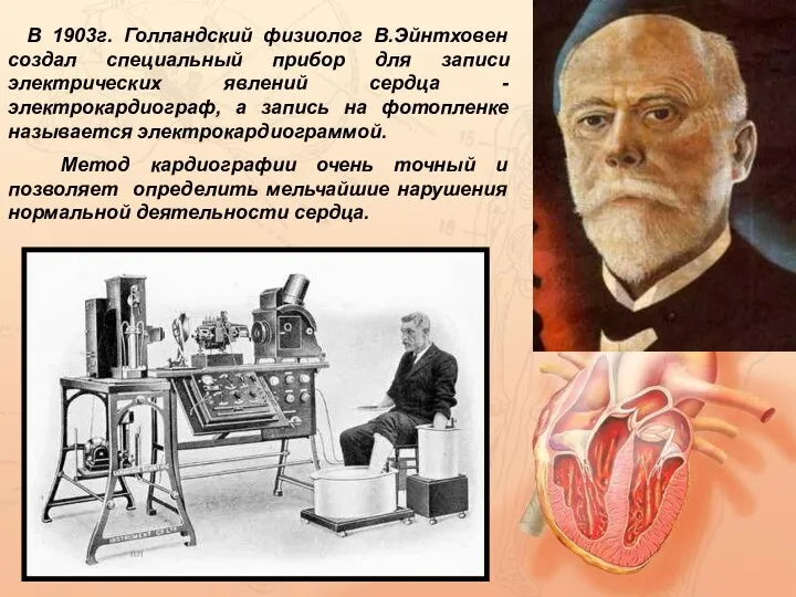 В 1903г. Голландский физиолог В.Эйнтховен создал специальный прибор для записи электрических явлений