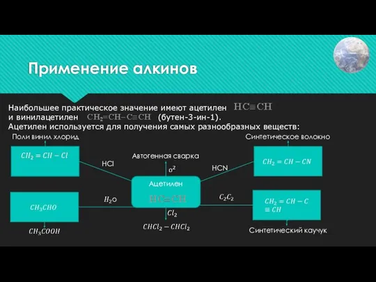 Применение алкинов Наибольшее практическое значение имеют ацетилен и винилацетилен (бутен-3-ин-1). Ацетилен используется