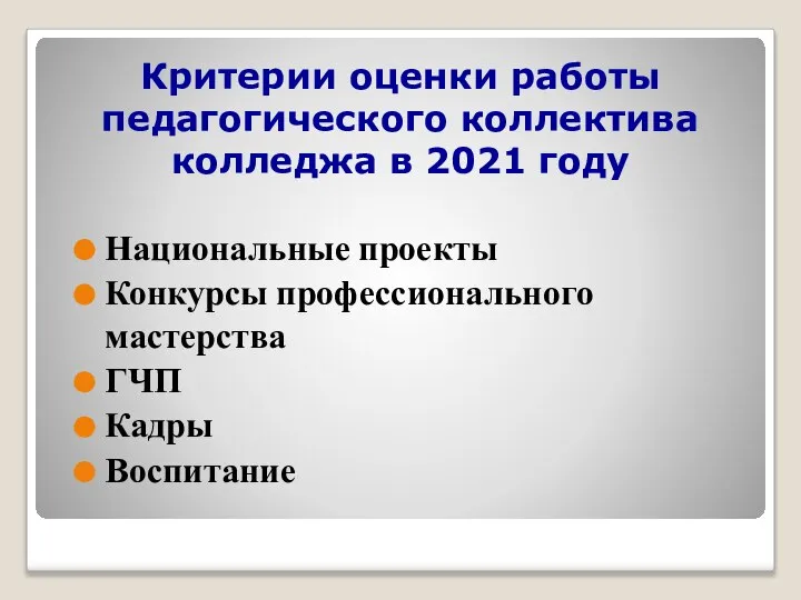 Национальные проекты Конкурсы профессионального мастерства ГЧП Кадры Воспитание Критерии оценки работы педагогического