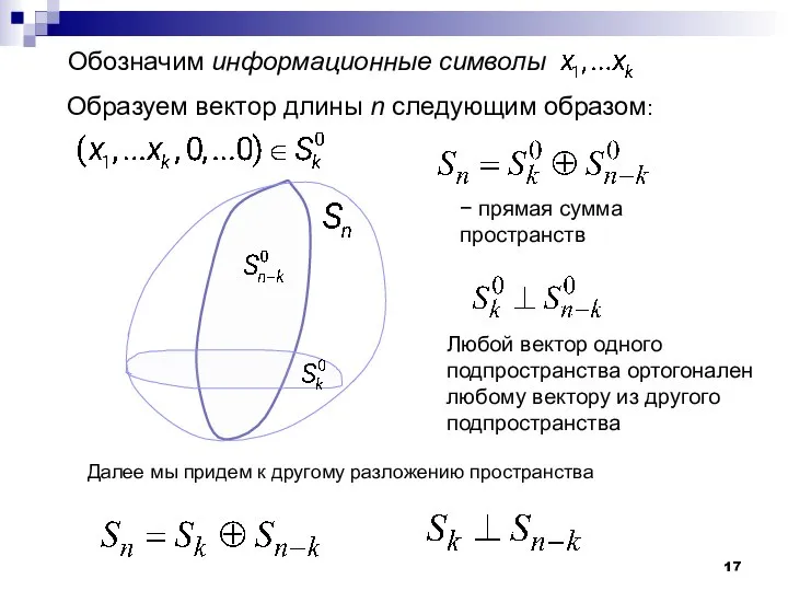Обозначим информационные символы Образуем вектор длины n следующим образом: − прямая сумма