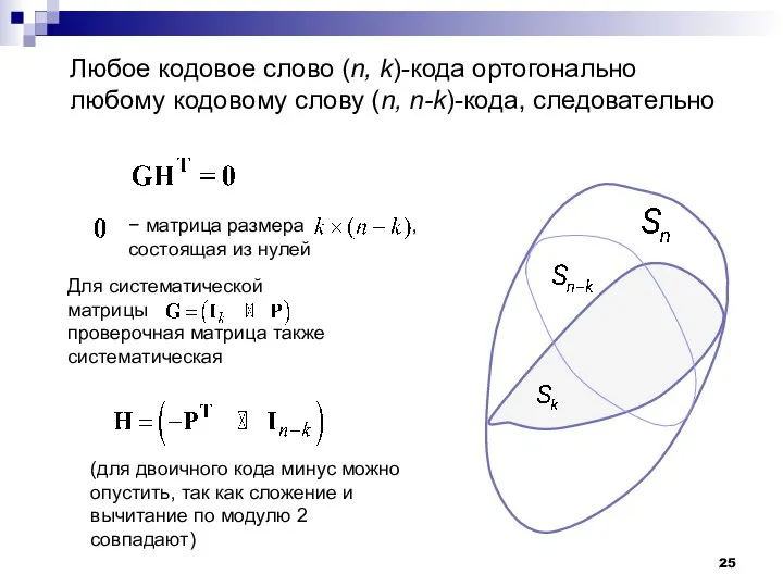 Любое кодовое слово (n, k)-кода ортогонально любому кодовому слову (n, n-k)-кода, следовательно