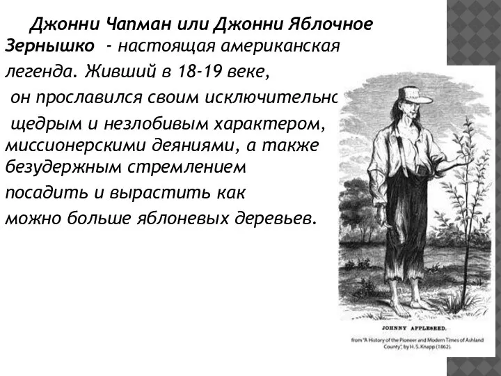 Джонни Чапман или Джонни Яблочное Зернышко - настоящая американская легенда. Живший в