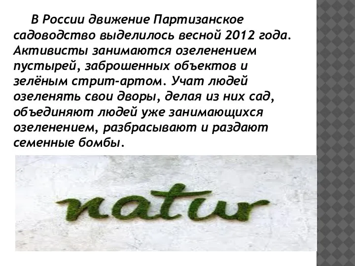 В России движение Партизанское садоводство выделилось весной 2012 года. Активисты занимаются озеленением