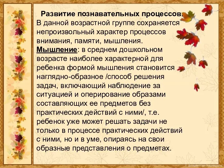 Развитие познавательных процессов. В данной возрастной группе сохраняется непроизвольный характер процессов внимания,