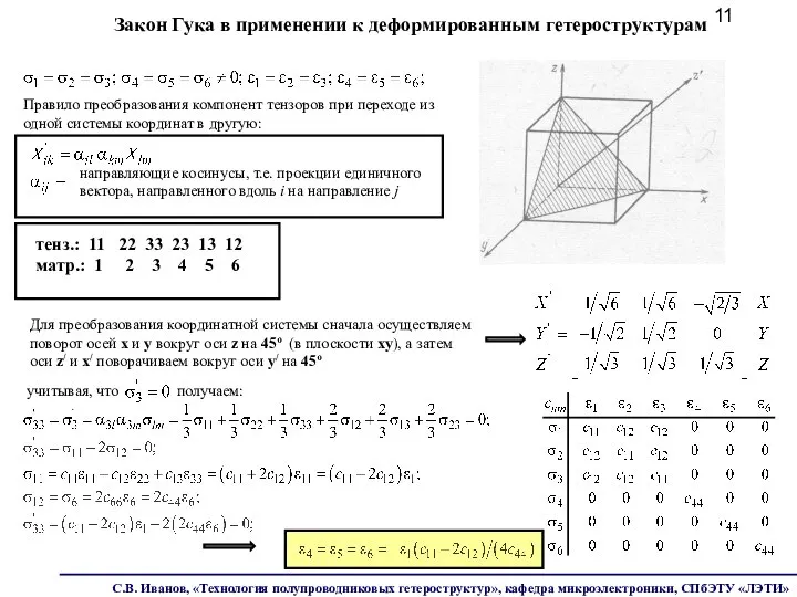 Закон Гука в применении к деформированным гетероструктурам Правило преобразования компонент тензоров при