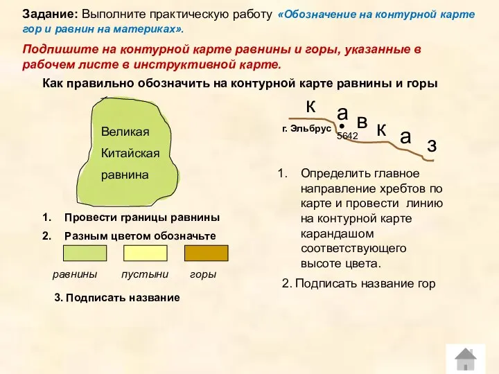 Как правильно обозначить на контурной карте равнины и горы 3. Подписать название