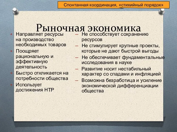 Рыночная экономика Направляет ресурсы на производство необходимых товаров Поощряет рациональную и эффективную