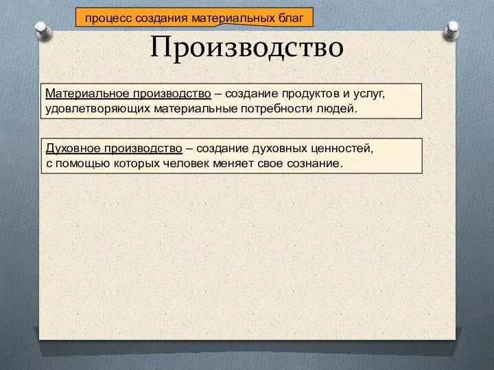 Производство Материальное производство – создание продуктов и услуг, удовлетворяющих материальные потребности людей.