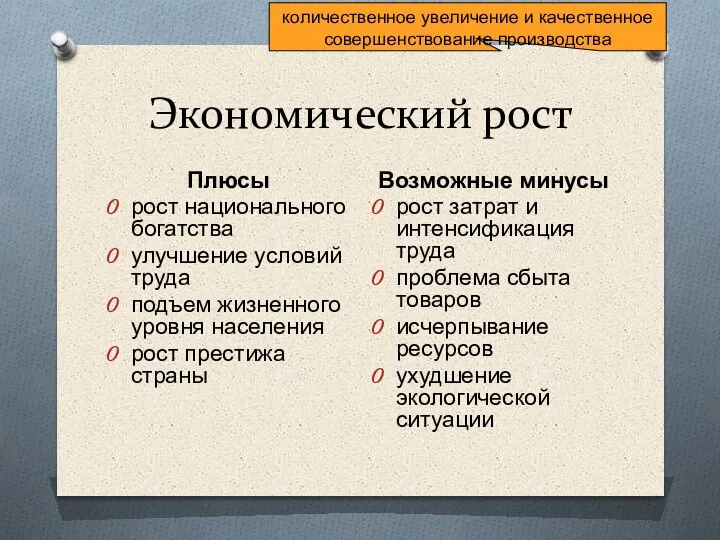 Экономический рост Плюсы рост национального богатства улучшение условий труда подъем жизненного уровня