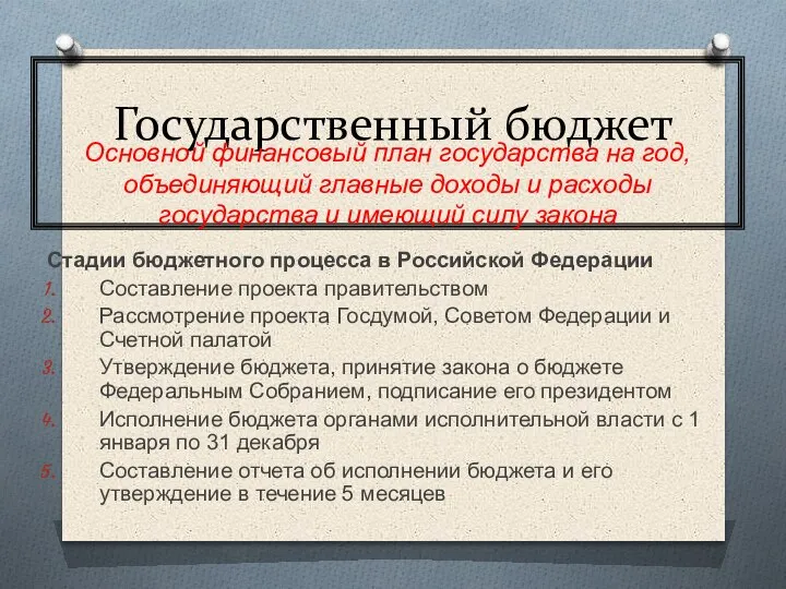 Государственный бюджет Стадии бюджетного процесса в Российской Федерации Составление проекта правительством Рассмотрение