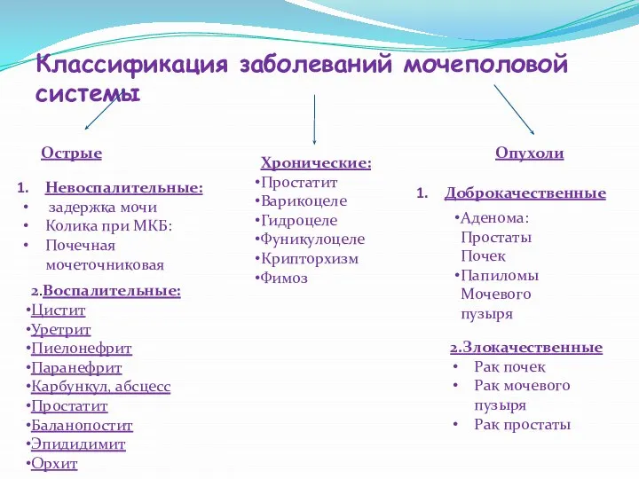 Классификация заболеваний мочеполовой системы Острые Хронические: Простатит Варикоцеле Гидроцеле Фуникулоцеле Крипторхизм Фимоз