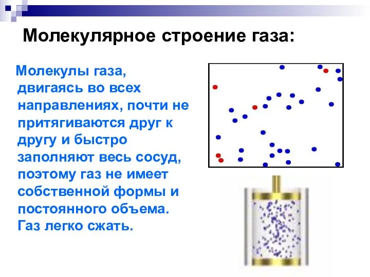 Молекулярное строение газа: Молекулы газа, двигаясь во всех направлениях, почти не притягиваются