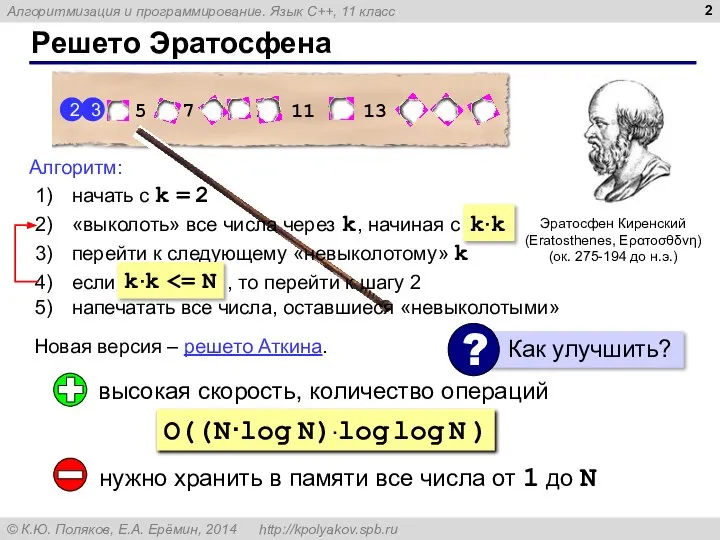 Решето Эратосфена Эратосфен Киренский (Eratosthenes, Ερατοσθδνη) (ок. 275-194 до н.э.) Новая версия