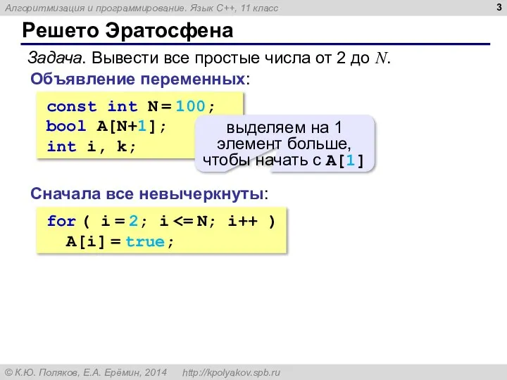 Решето Эратосфена Задача. Вывести все простые числа от 2 до N. Объявление