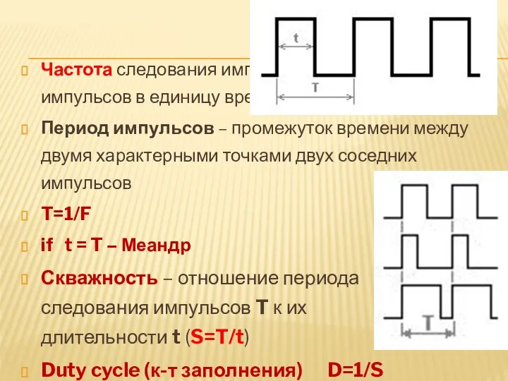 Частота следования импульсов – количество полных импульсов в единицу времени. Период импульсов