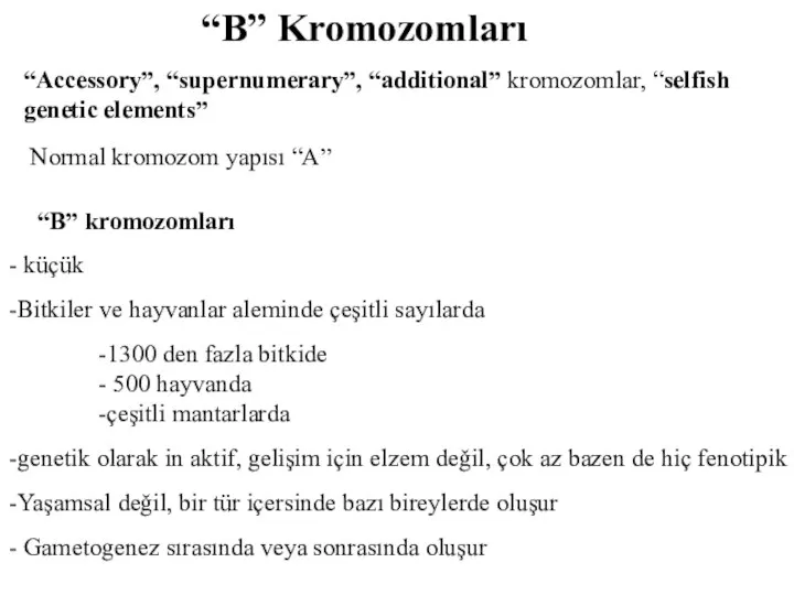 “Accessory”, “supernumerary”, “additional” kromozomlar, “selfish genetic elements” Normal kromozom yapısı “A” “B”