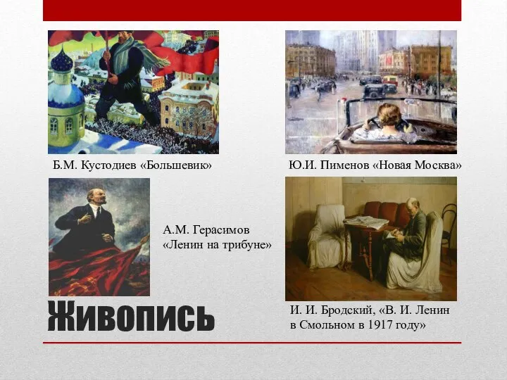 Живопись Б.М. Кустодиев «Большевик» Ю.И. Пименов «Новая Москва» И. И. Бродский, «В.