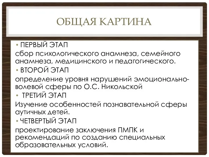 ОБЩАЯ КАРТИНА ПЕРВЫЙ ЭТАП сбор психологического анамнеза, семейного анамнеза, медицинского и педагогического.