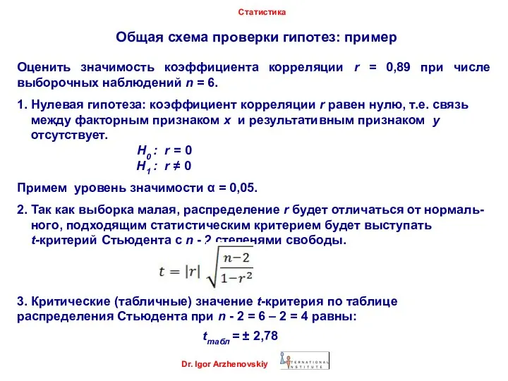 Общая схема проверки гипотез: пример Dr. Igor Arzhenovskiy Статистика Оценить значимость коэффициента