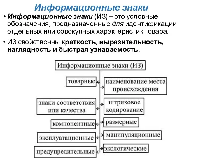 Информационные знаки Информационные знаки (ИЗ) – это условные обозначения, предназначенные для идентификации