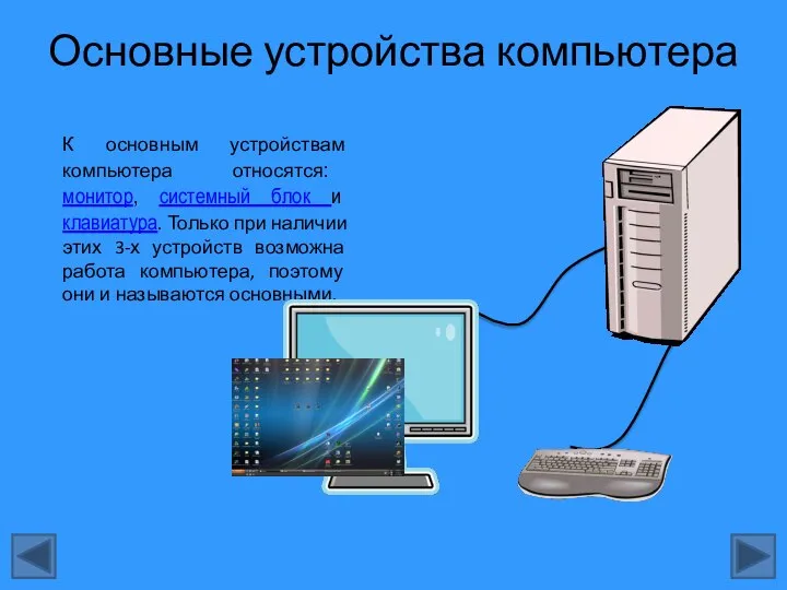 Основные устройства компьютера К основным устройствам компьютера относятся: монитор, системный блок и