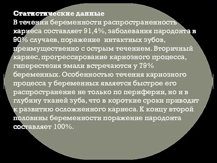 Статистические данные В течении беременности распространенность кариеса составляет 91,4%, заболевания пародонта в